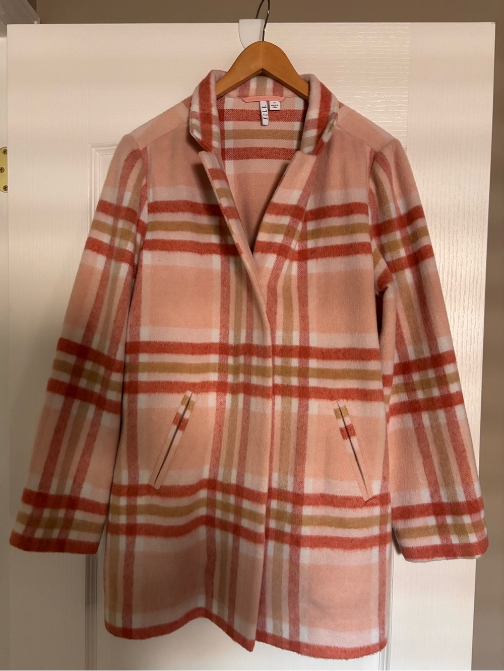 Elle Pink Plaid Stand-Collar Pea Coat. Size Medium - Picture 2 of 5
